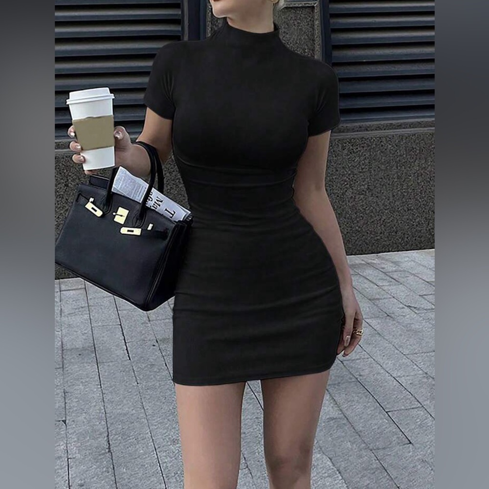 INAWLY Solid Mock Neck Black Bodycon Mini Dress For Summer